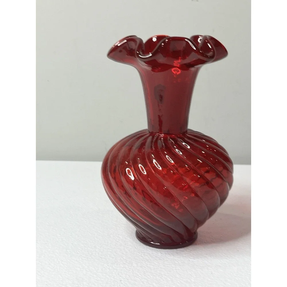 Fenton 95th Anniversary Ruby Red Vase‎ Swirl Vtg